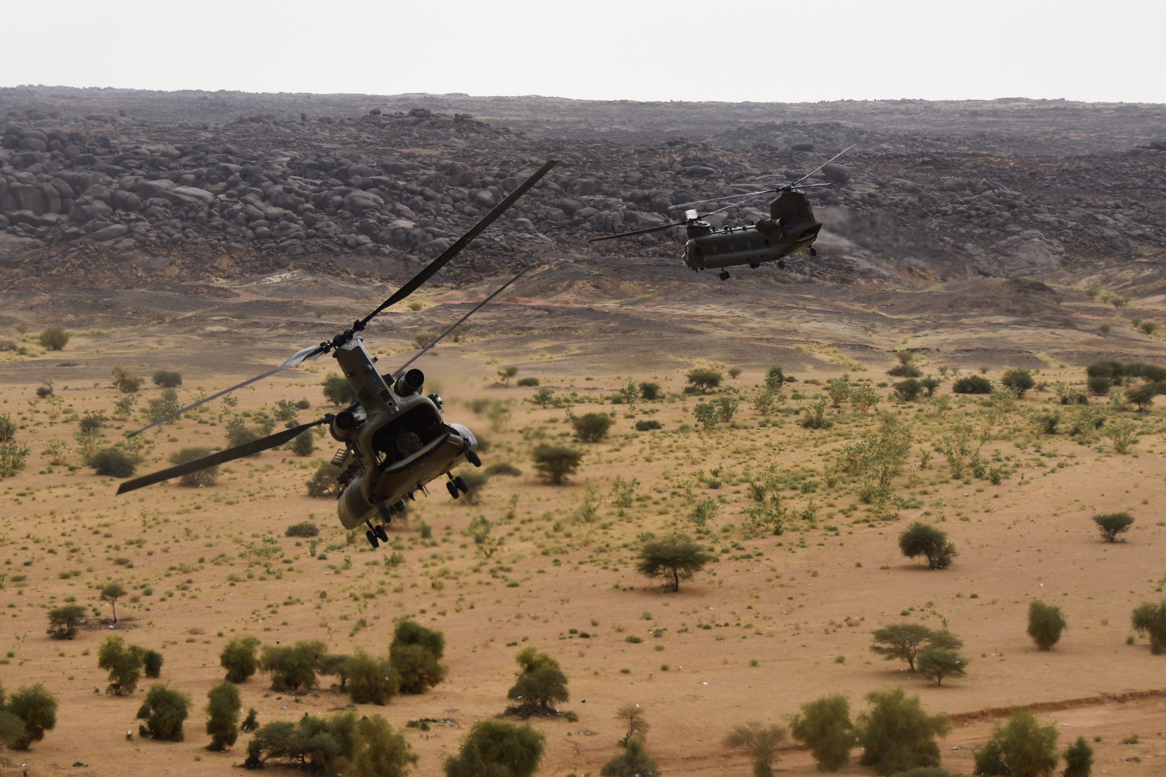 Two Chinook flying low over the Mali desert.